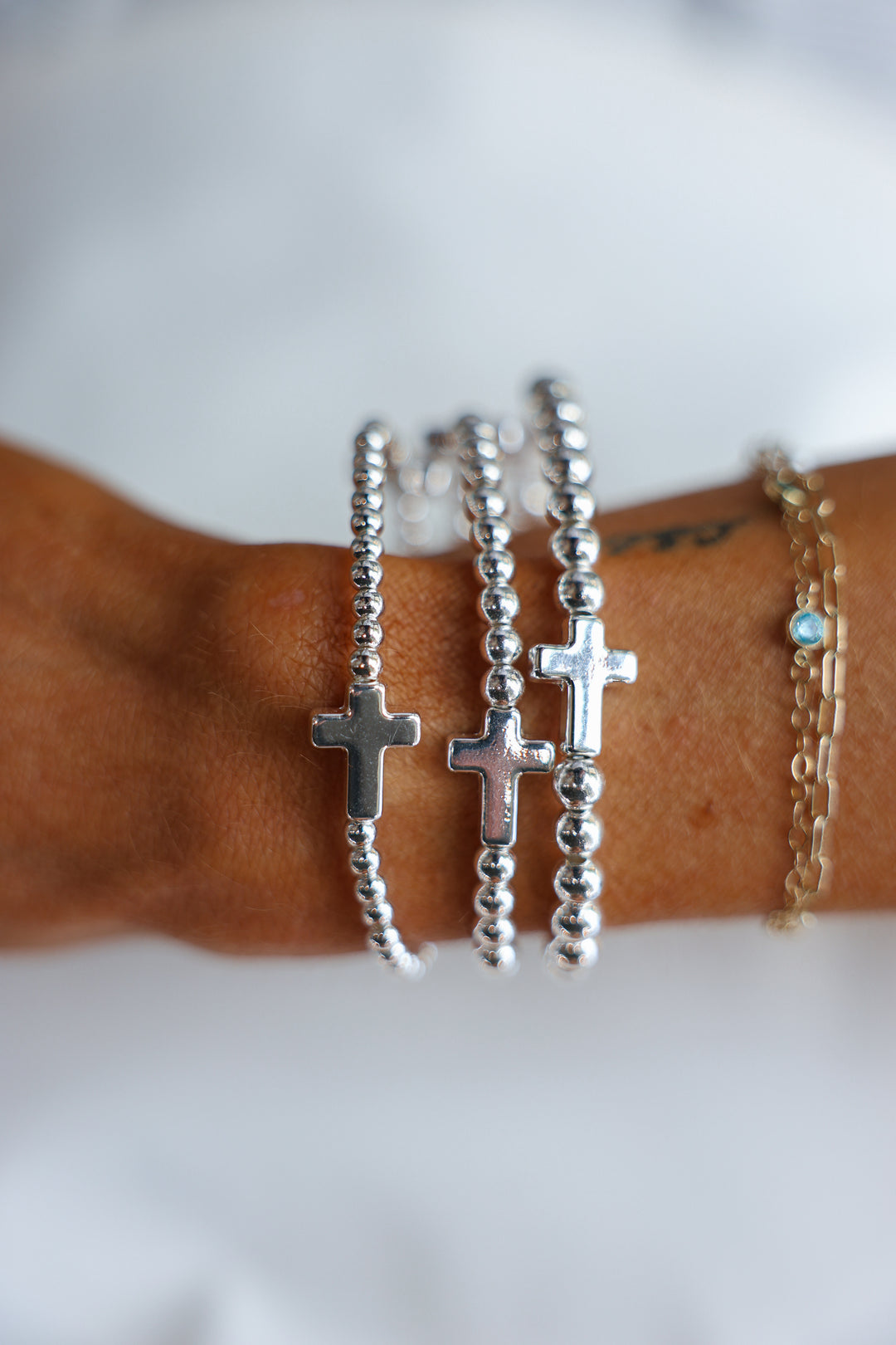 Beaded Cross Bracelet Set - Silver