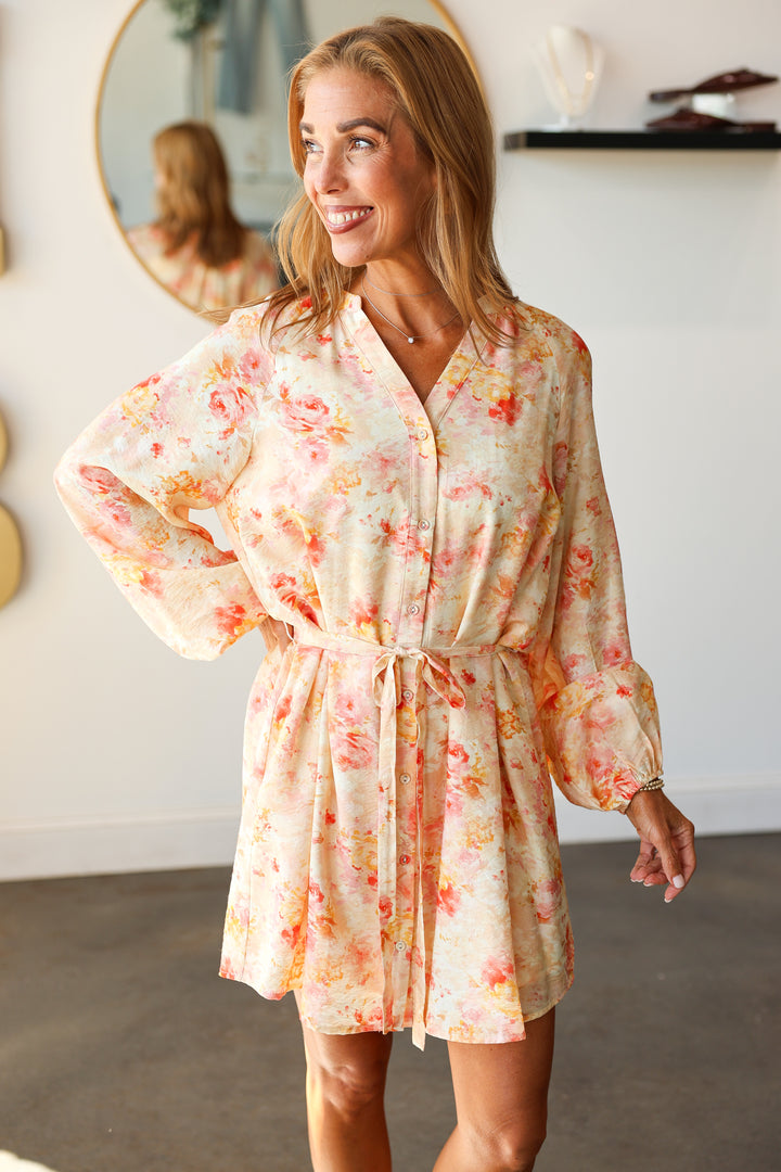 Button Down Tie Waist Dress - Peach