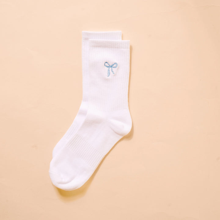 Embroidered Crew Socks - Blue Bow