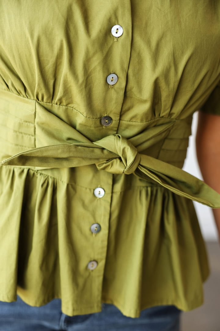 Tie Waist Peplum Top - Olive