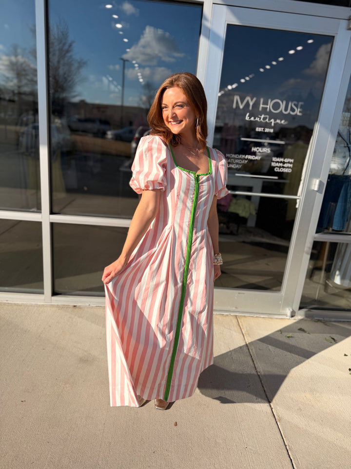 Striped Contrast Trim Dress - Pink