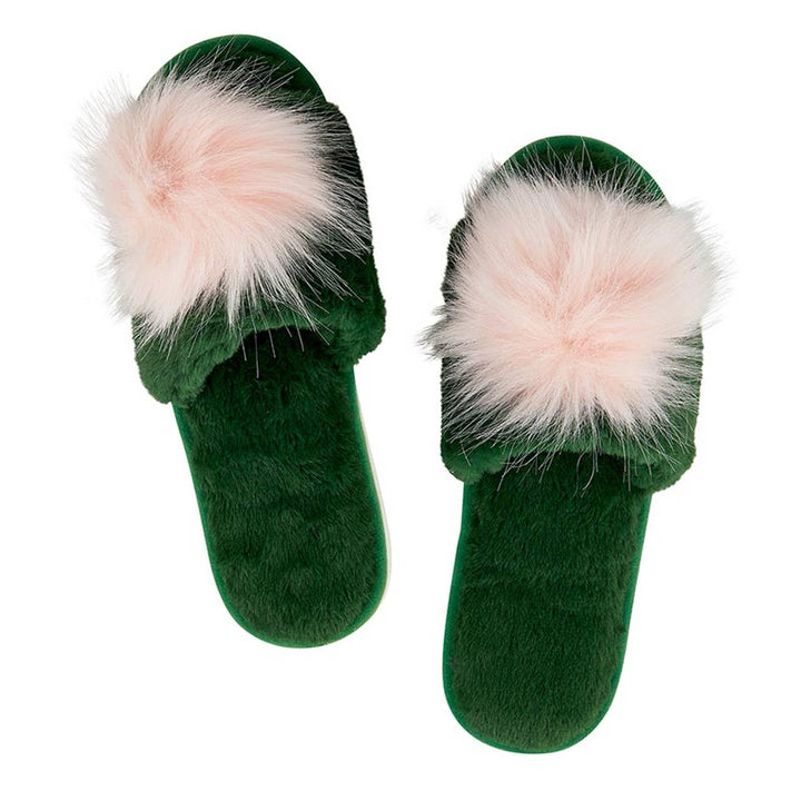 Plush Pom Pom Slippers - Green