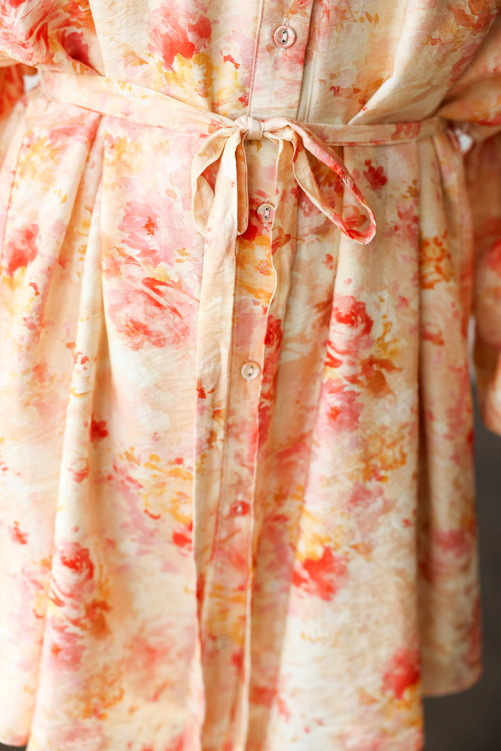 Button Down Tie Waist Dress - Peach