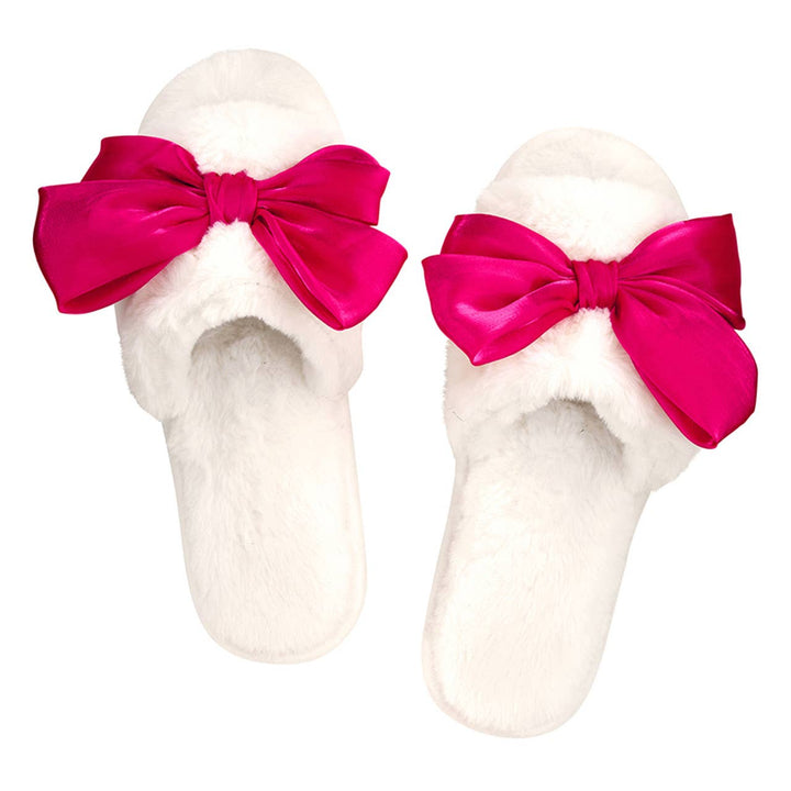 Plush Bow Slippers - Hot Pink