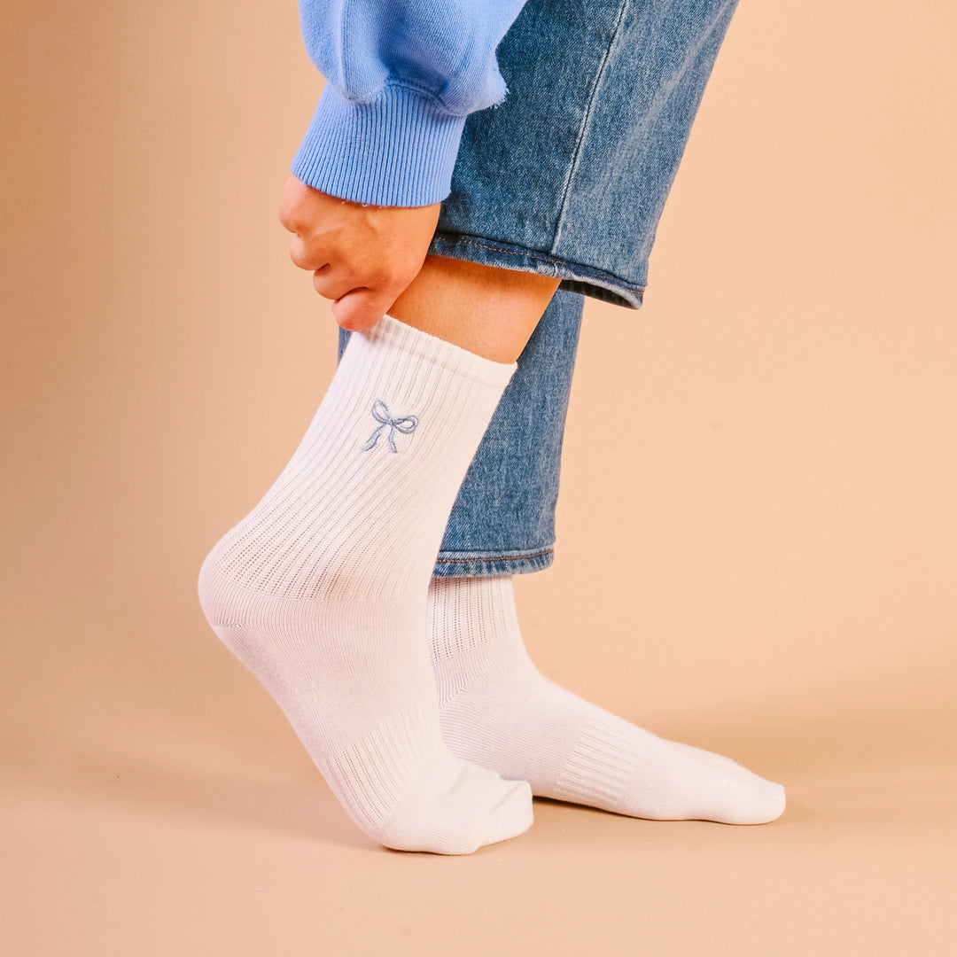 Embroidered Crew Socks - Blue Bow