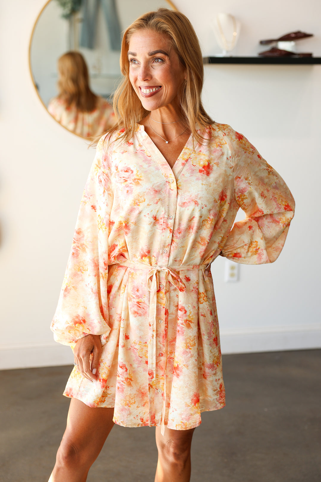 Button Down Tie Waist Dress - Peach