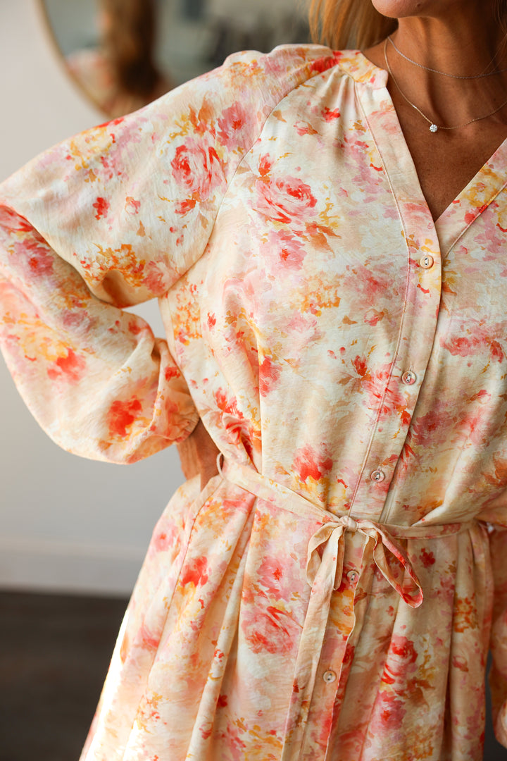 Button Down Tie Waist Dress - Peach