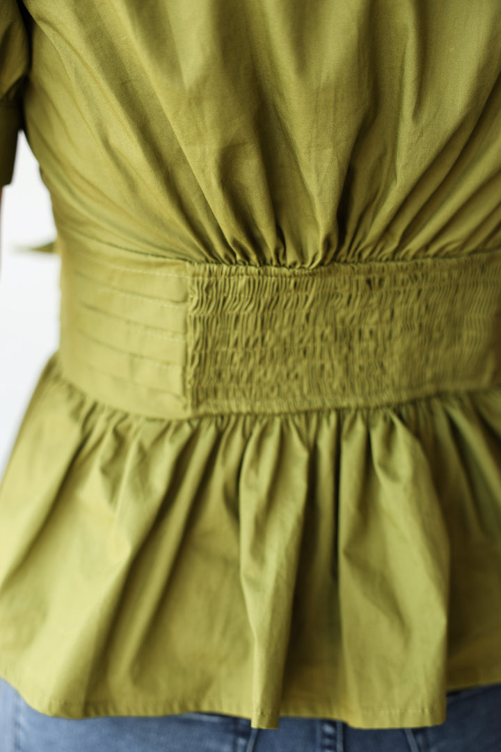 Tie Waist Peplum Top - Olive