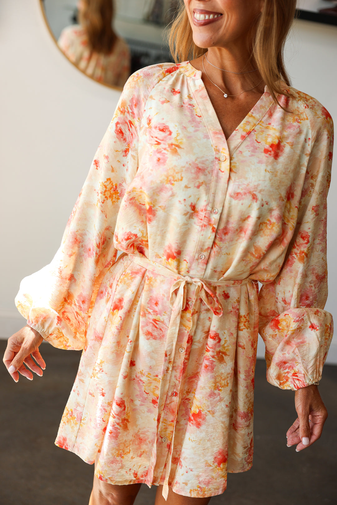 Button Down Tie Waist Dress - Peach