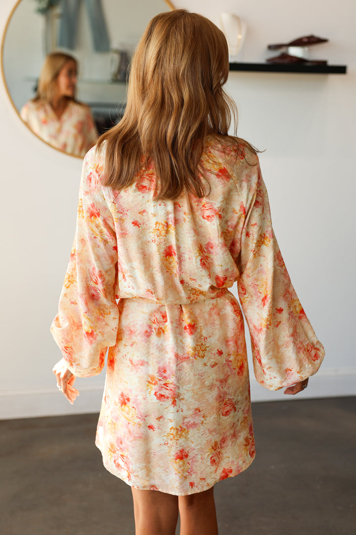 Button Down Tie Waist Dress - Peach