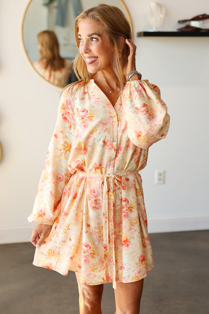 Button Down Tie Waist Dress - Peach