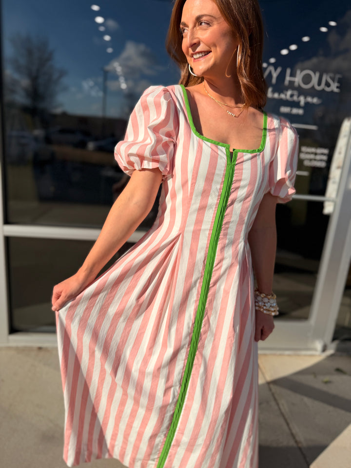 Striped Contrast Trim Dress - Pink