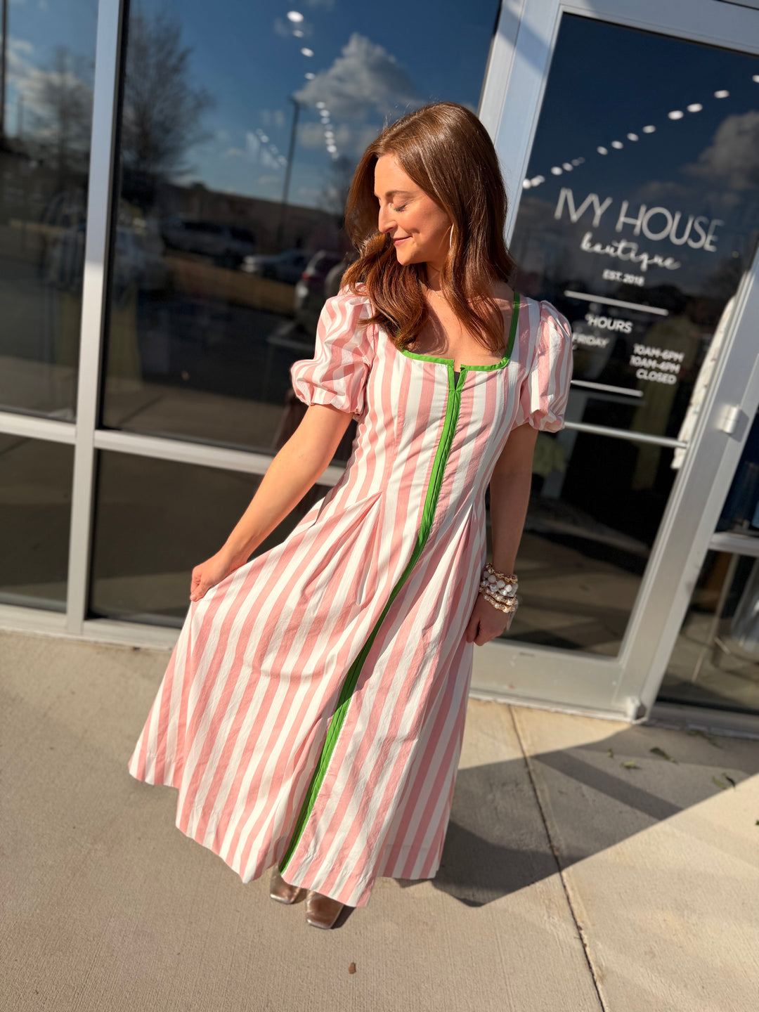 Striped Contrast Trim Dress - Pink