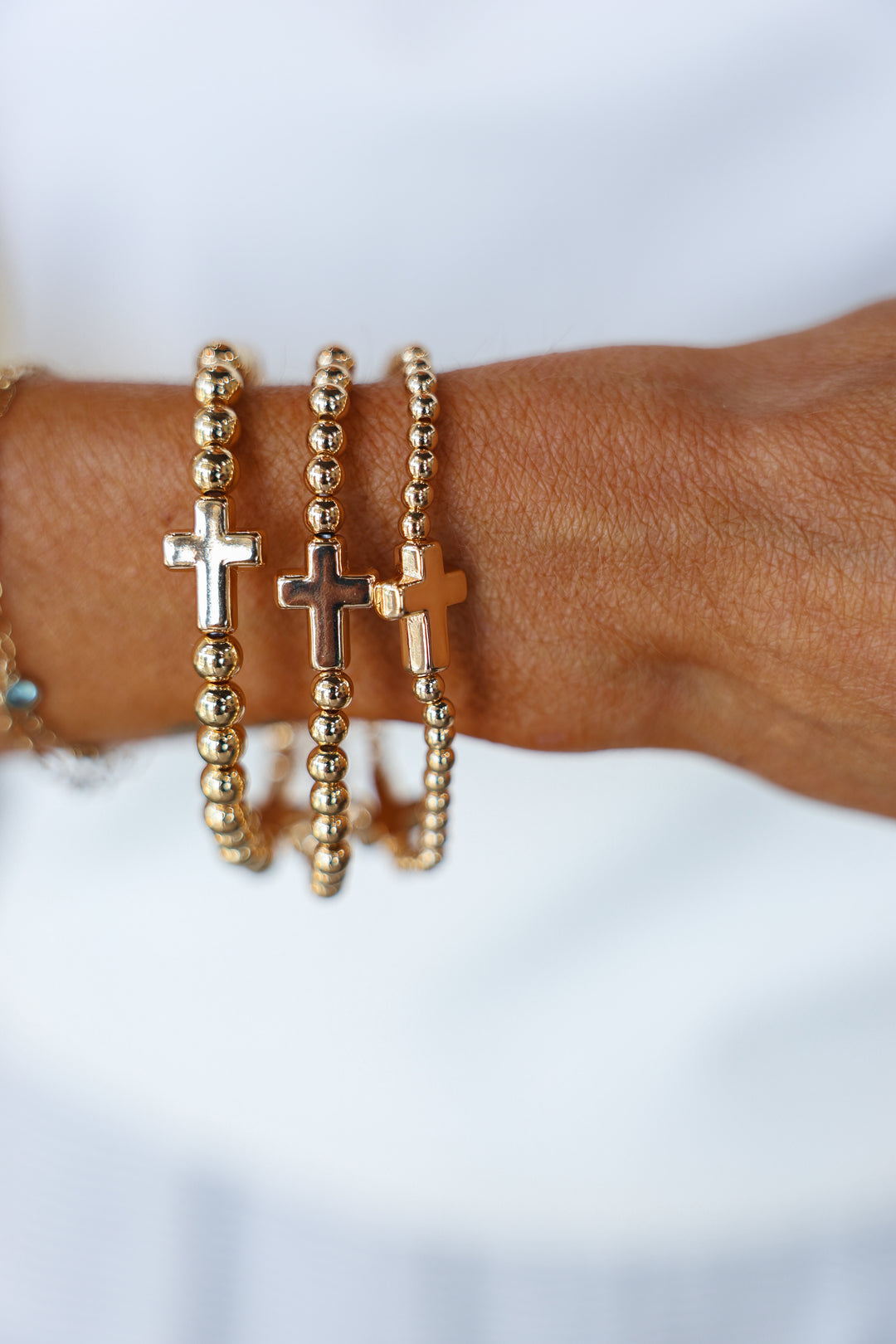 Beaded Cross Bracelet Set - Gold