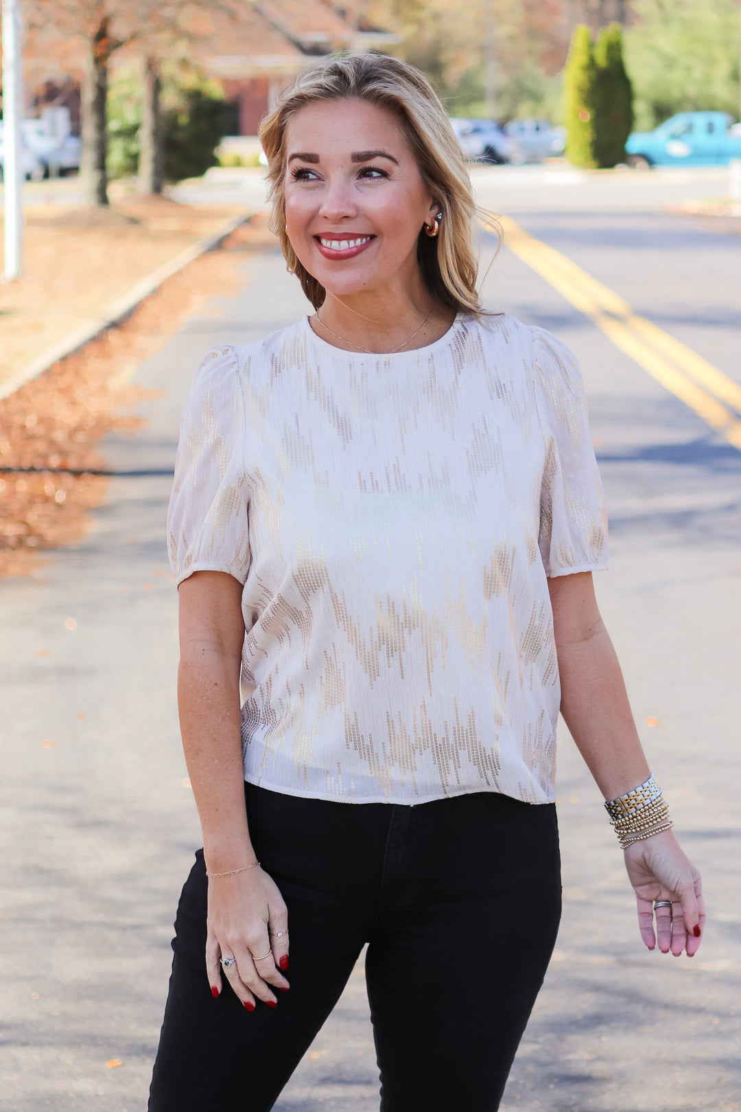 Sequin Pattern Top - Ivory/Gold