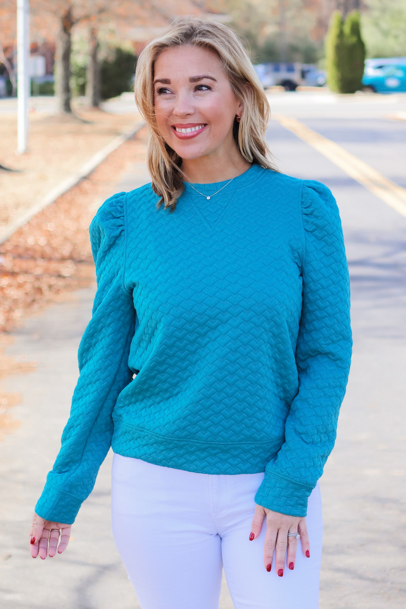 Quilted Puff Sleeve Sweatshirt Teal Ivy House Boutique