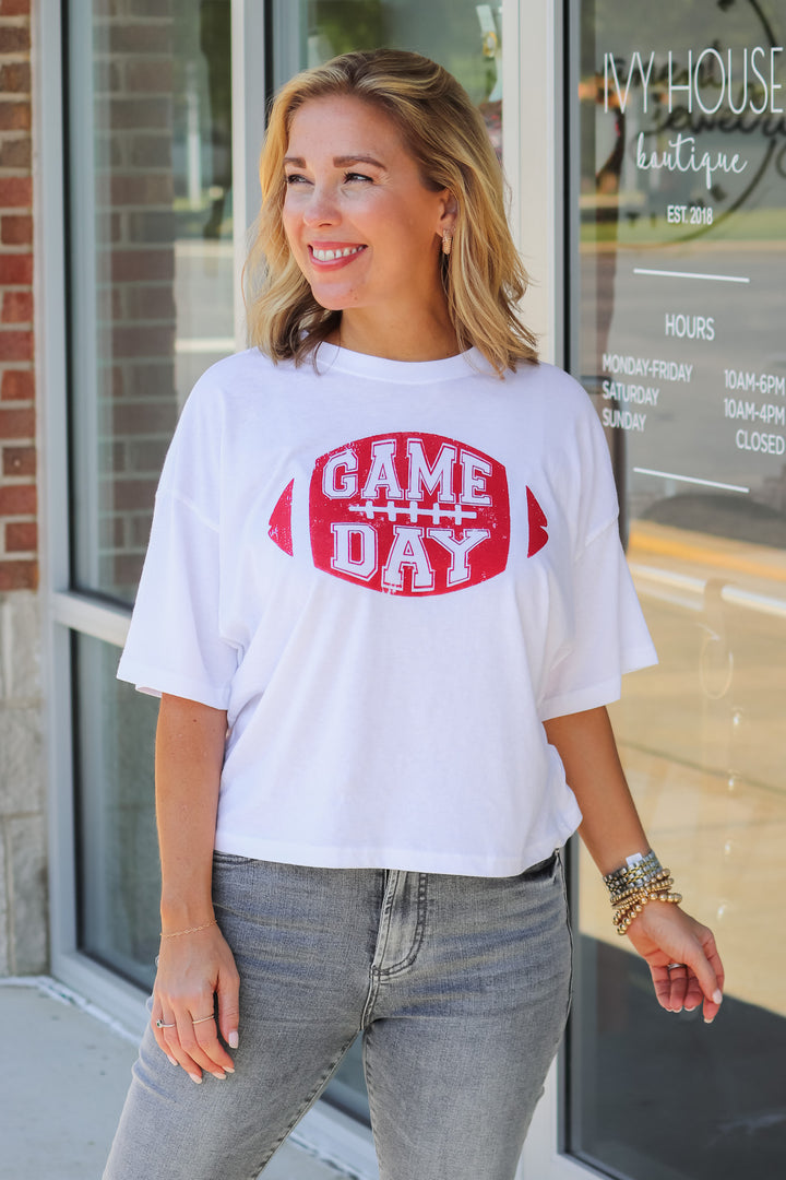 Game Day Cropped Tee - White/Red
