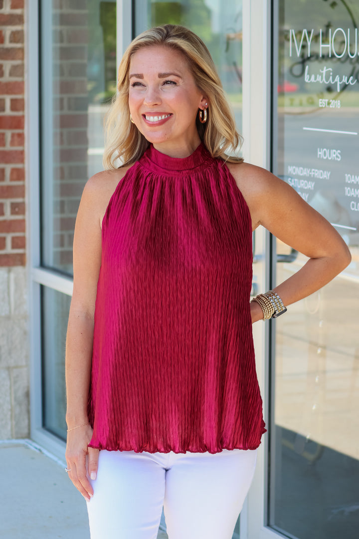 High Neck Textured Top - Red