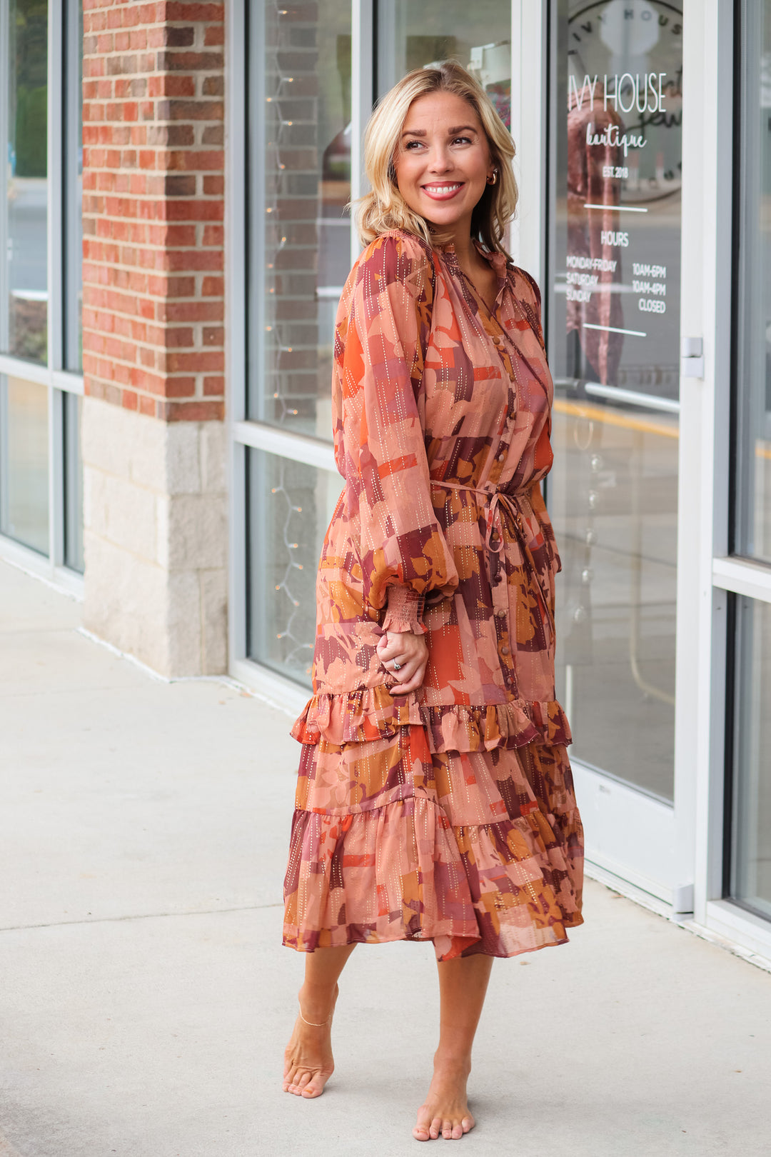 Fall Printed Dress - Brown Multi