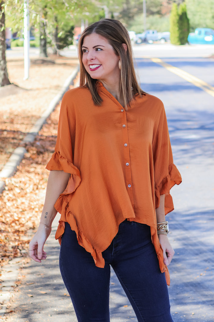 Ruffle Sleeve Button Down Top - Amber