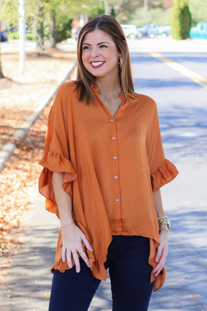 Ruffle Sleeve Button Down Top - Amber
