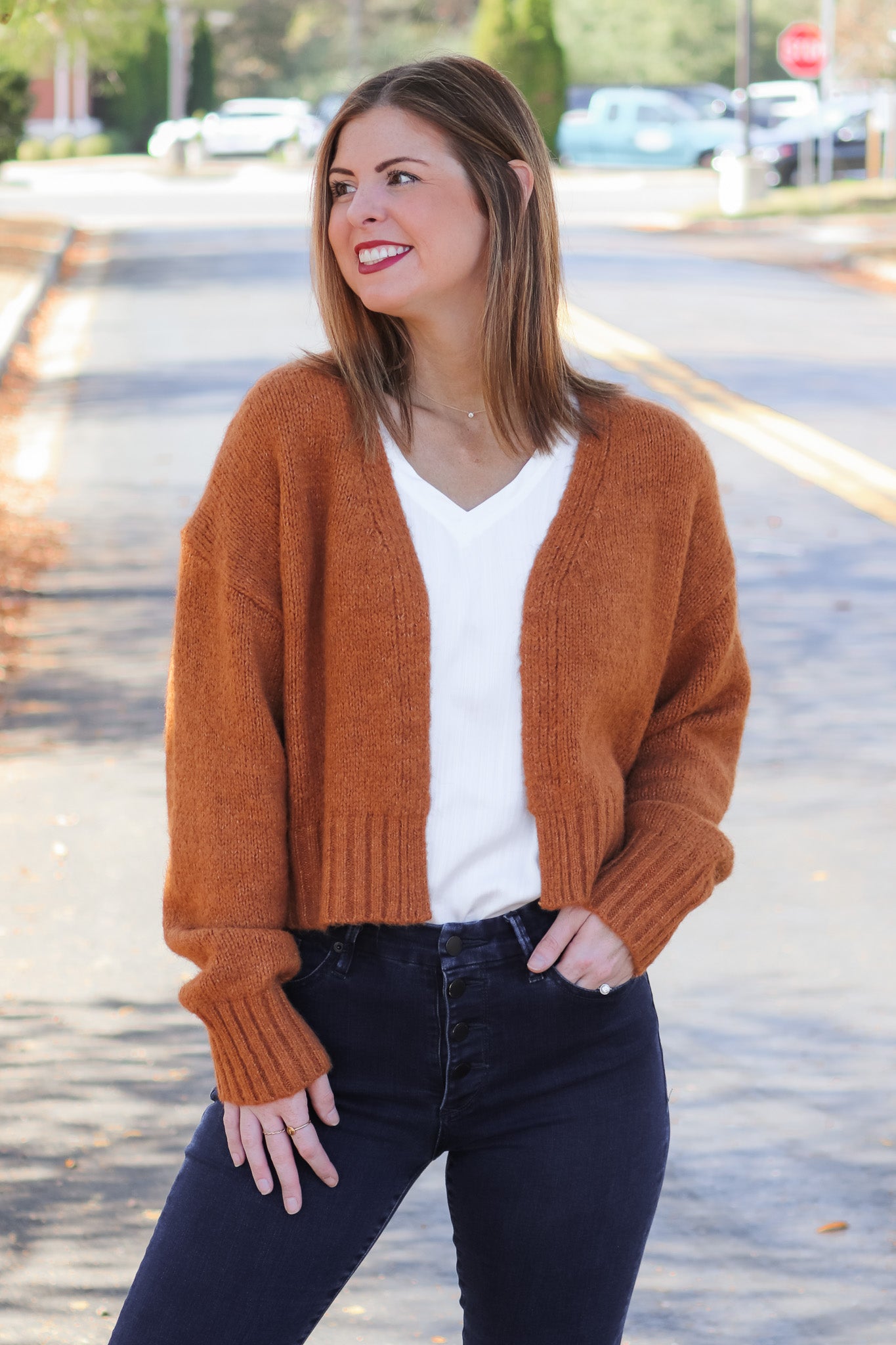 Burnt orange clearance cardigan outfit