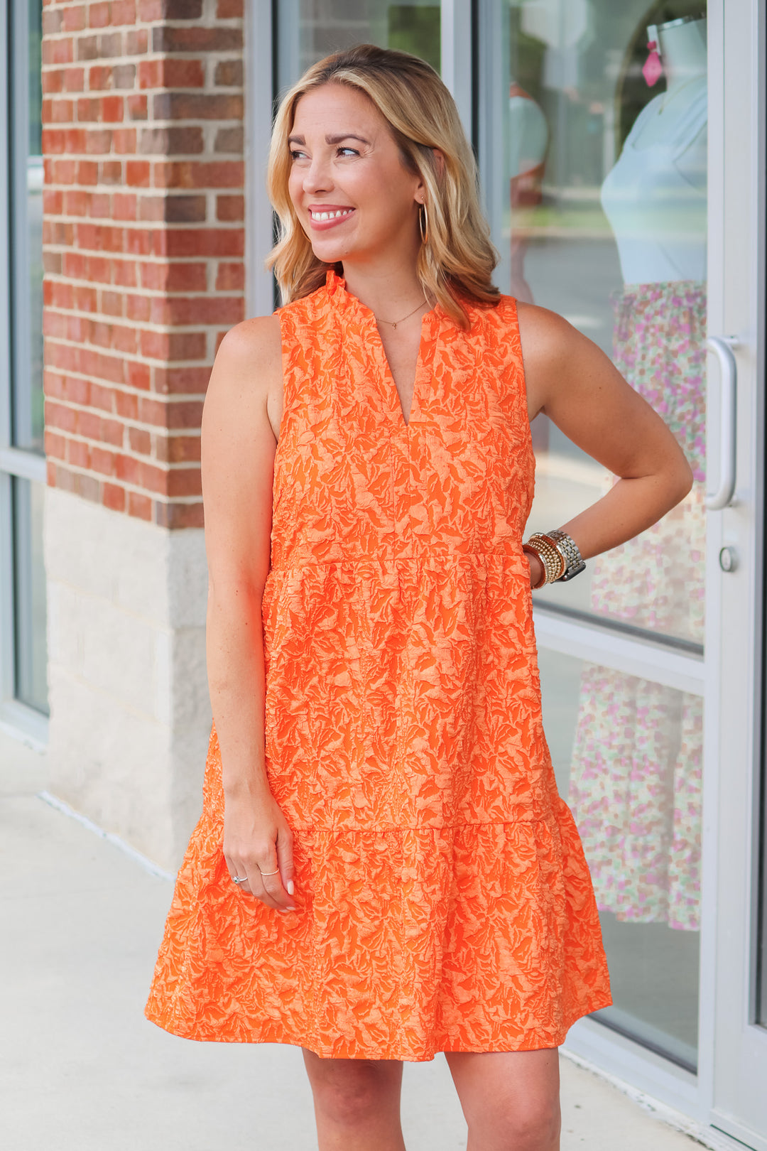 Textured Tiered Dress - Orange