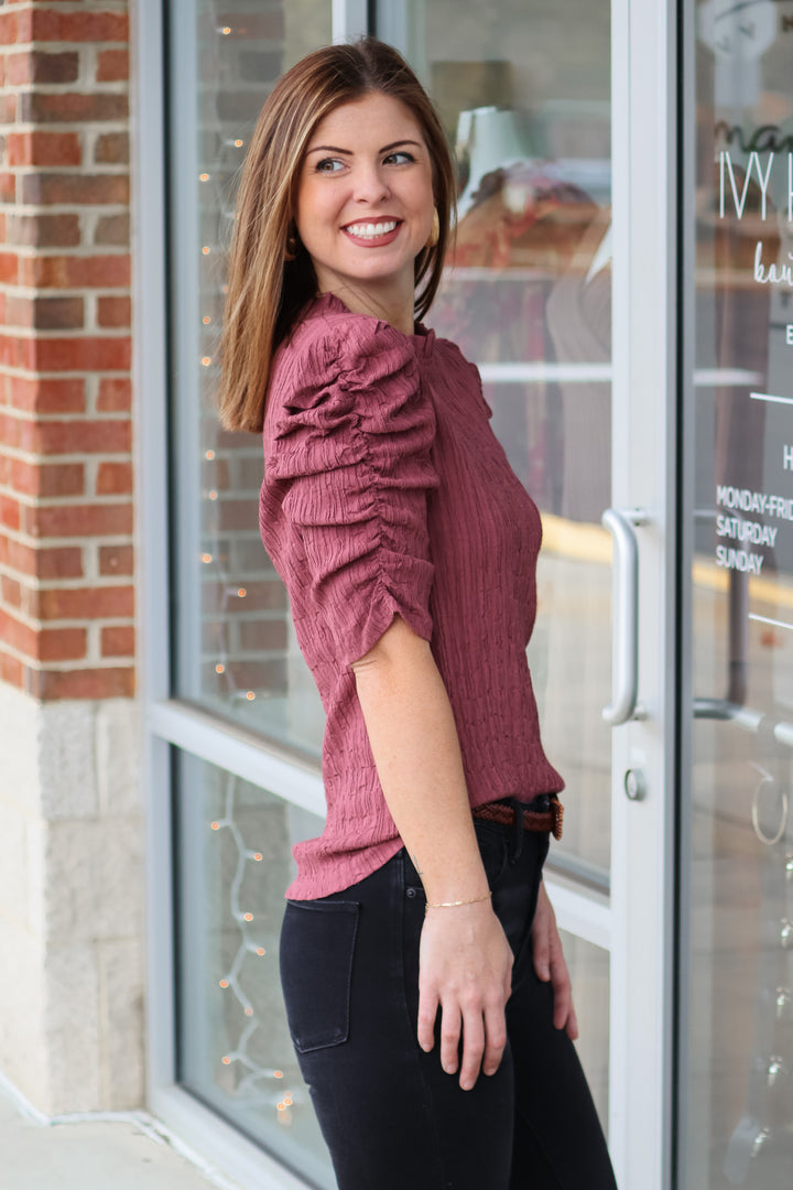 Textured Ruched Sleeve Top - Mauve
