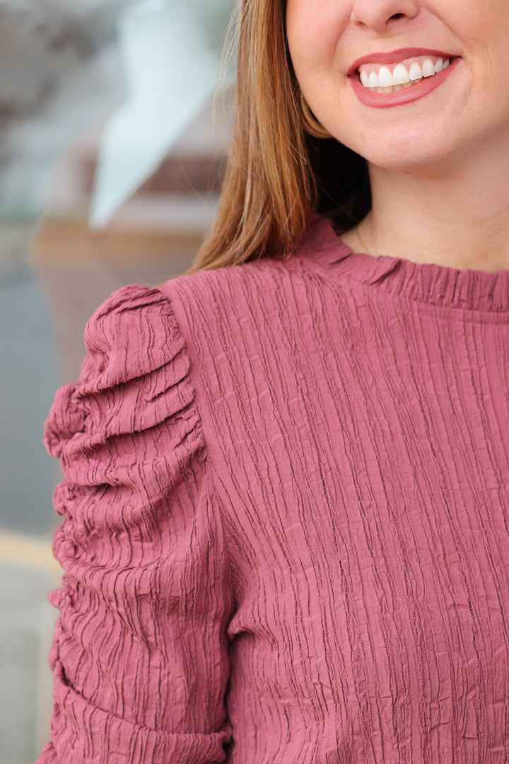 Textured Ruched Sleeve Top - Mauve