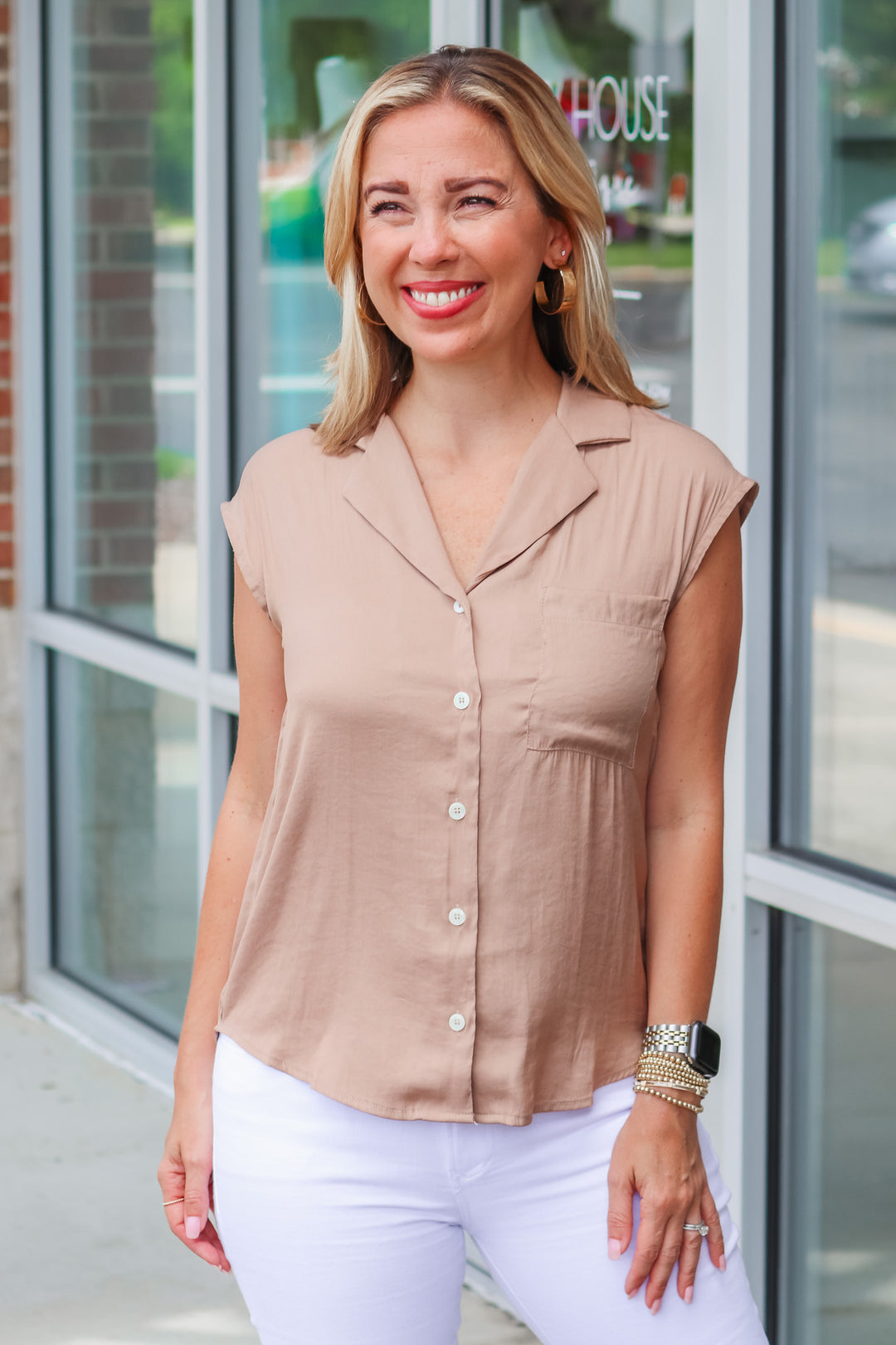 Cap Sleeve Button Down - Taupe