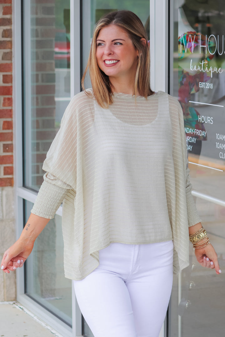 Smocked Sleeve Textured Top - Dry Thyme