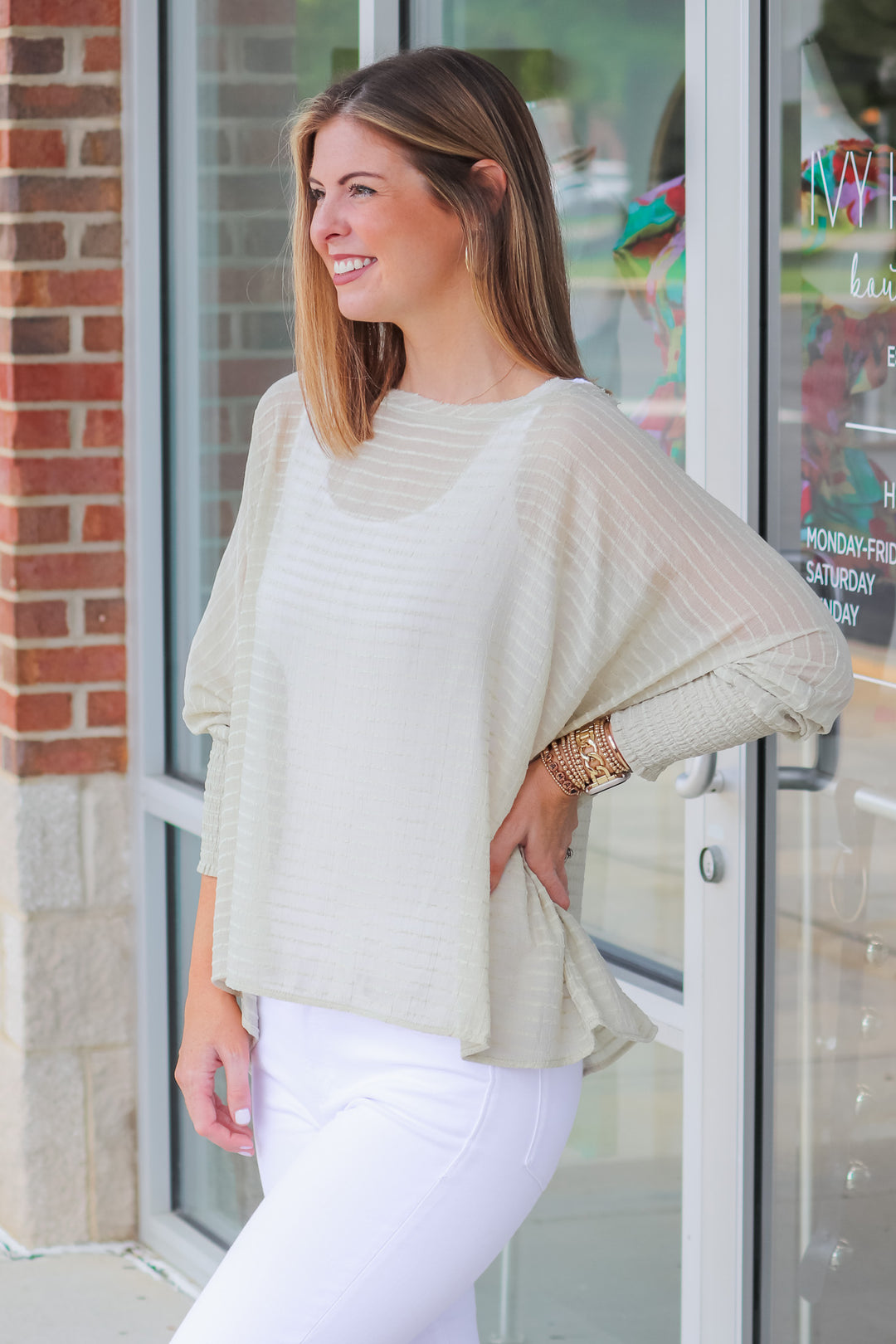 Smocked Sleeve Textured Top - Dry Thyme