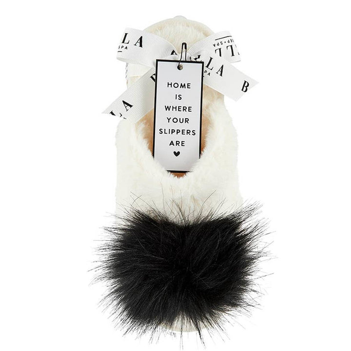 Plush Pom Pom Slippers - Ivory/Black