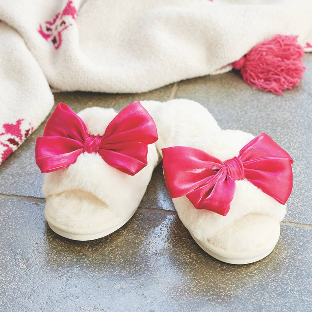 Plush Bow Slippers - Hot Pink