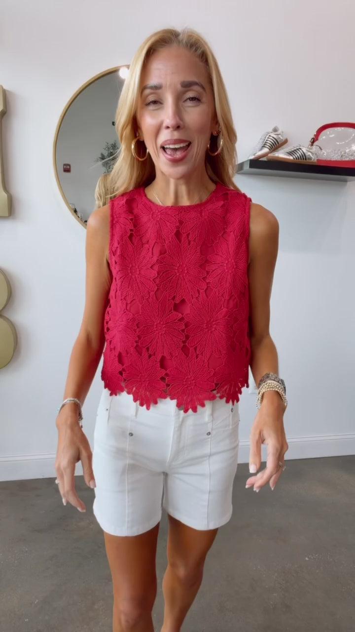Embroidered Overlay Top - Crimson