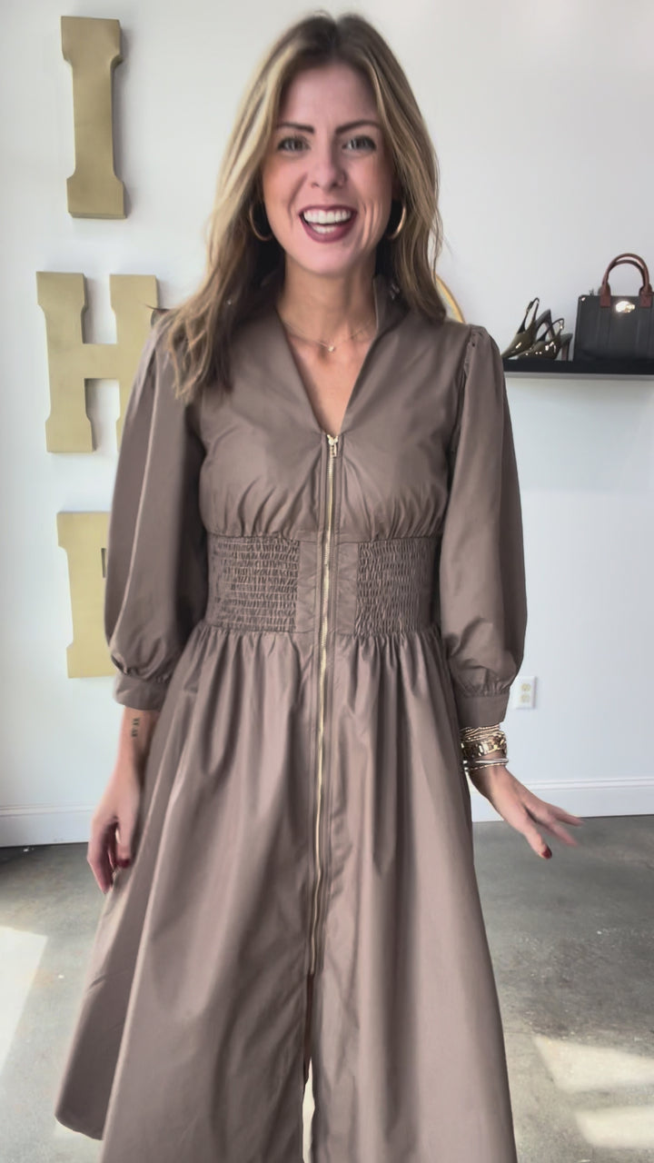 Smocked Waist Front Zip Dress - Mocha