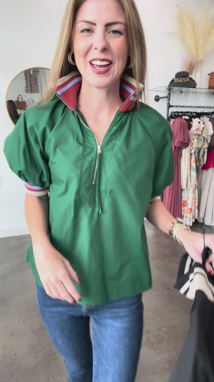 Quarter Zip Stripe Collar Top - Green