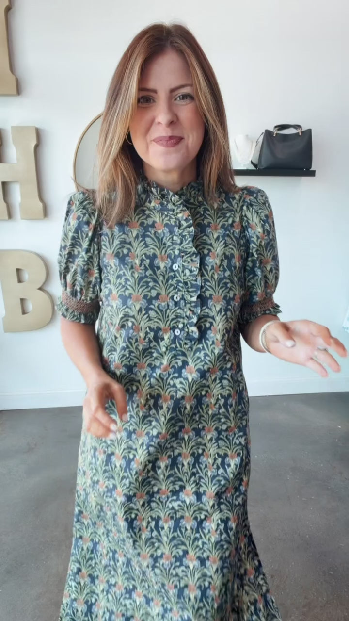 Ruffle Neck Printed Dress - Navy