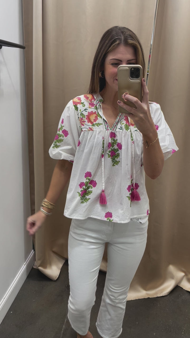 Floral Tassel Tie Top - White