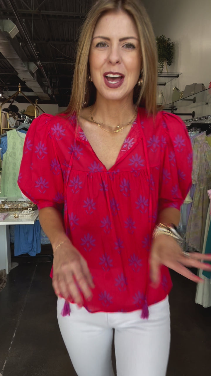 Printed Tie Front Top - Red