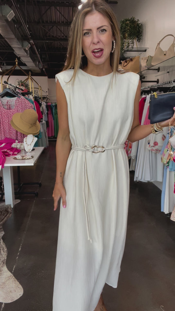 Belted Textured Midi Dress - Ecru