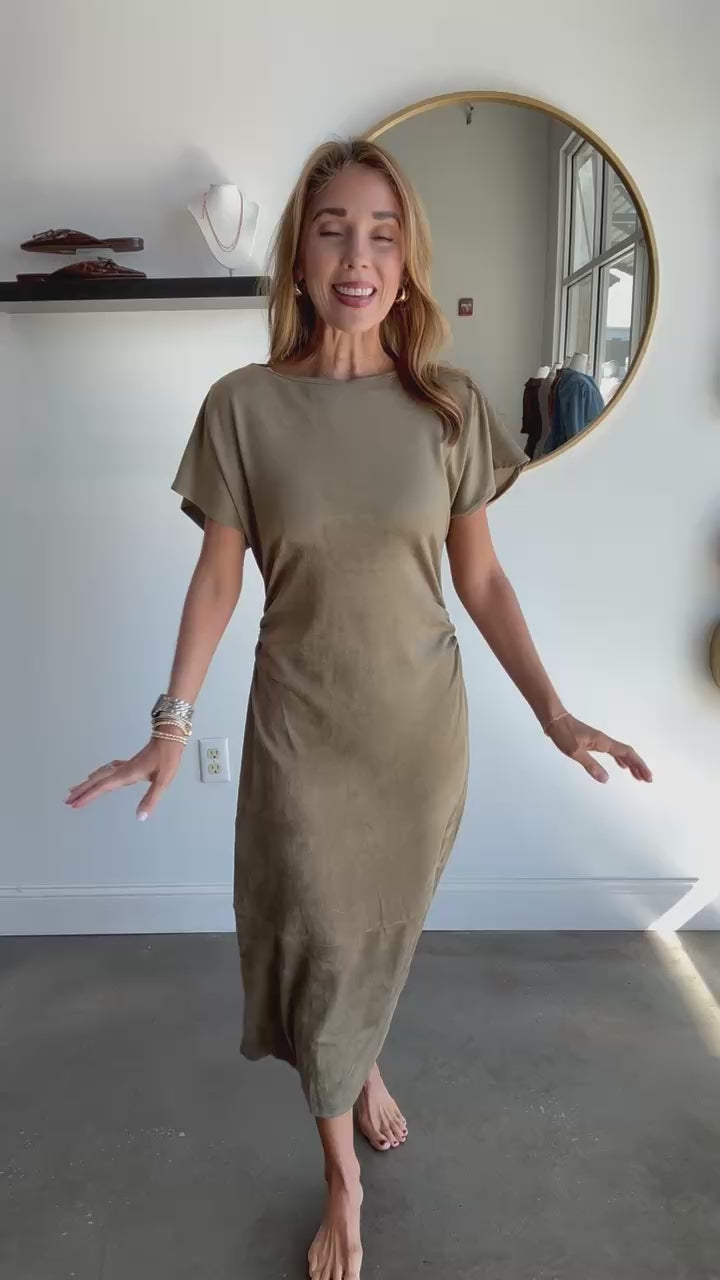 Faux Suede Midi Dress - Olive