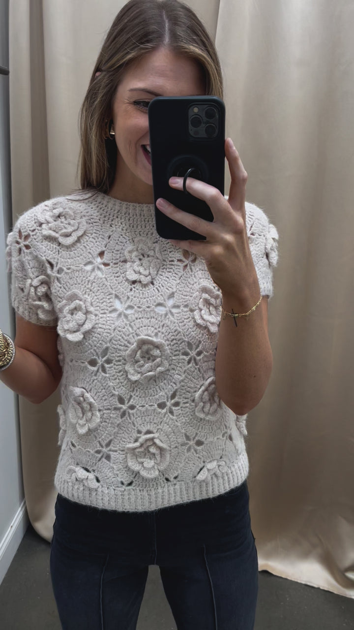 Flower Embroidered Short Sleeve Sweater - Ivory