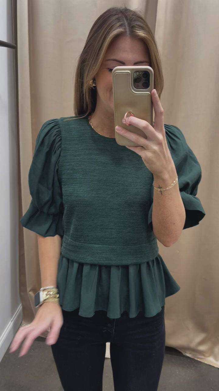 Mixed Media Balloon Sleeve Top - Green