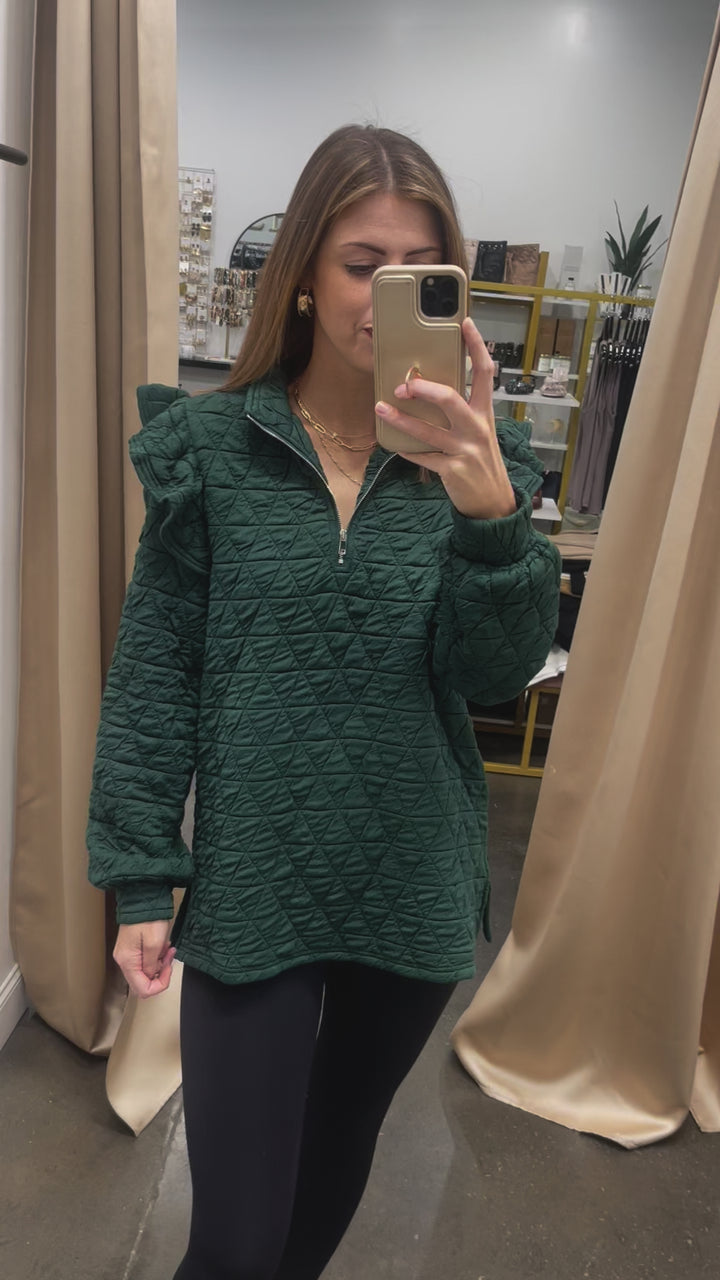 Flutter Sleeve Quilted Pullover - Green