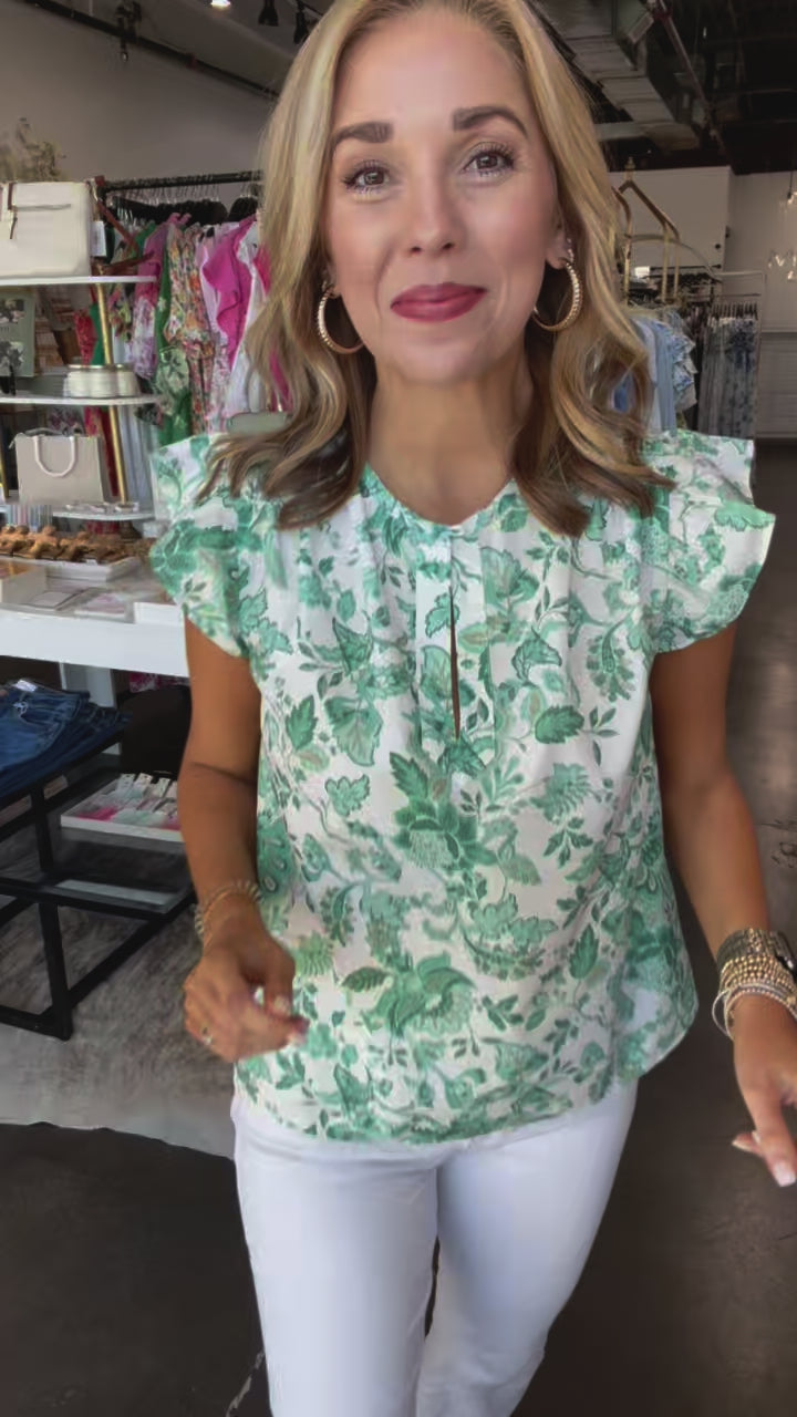 Flutter Sleeve Printed Blouse - Green
