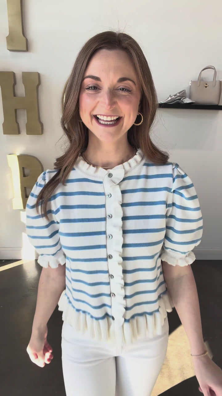 Ruffle Trim Knit Top - Blue