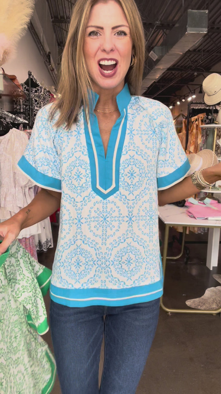 Border Trim Printed Top - Blue