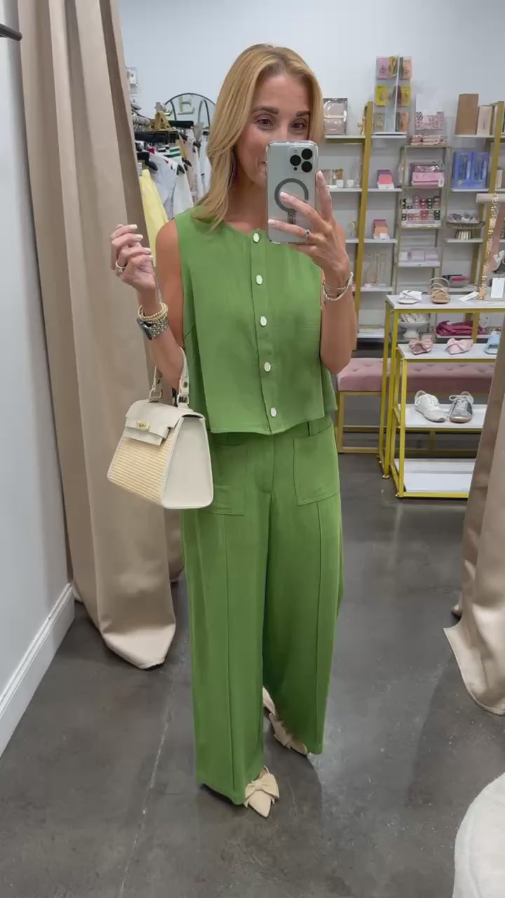 Linen Blend Wide Leg Pants - Green