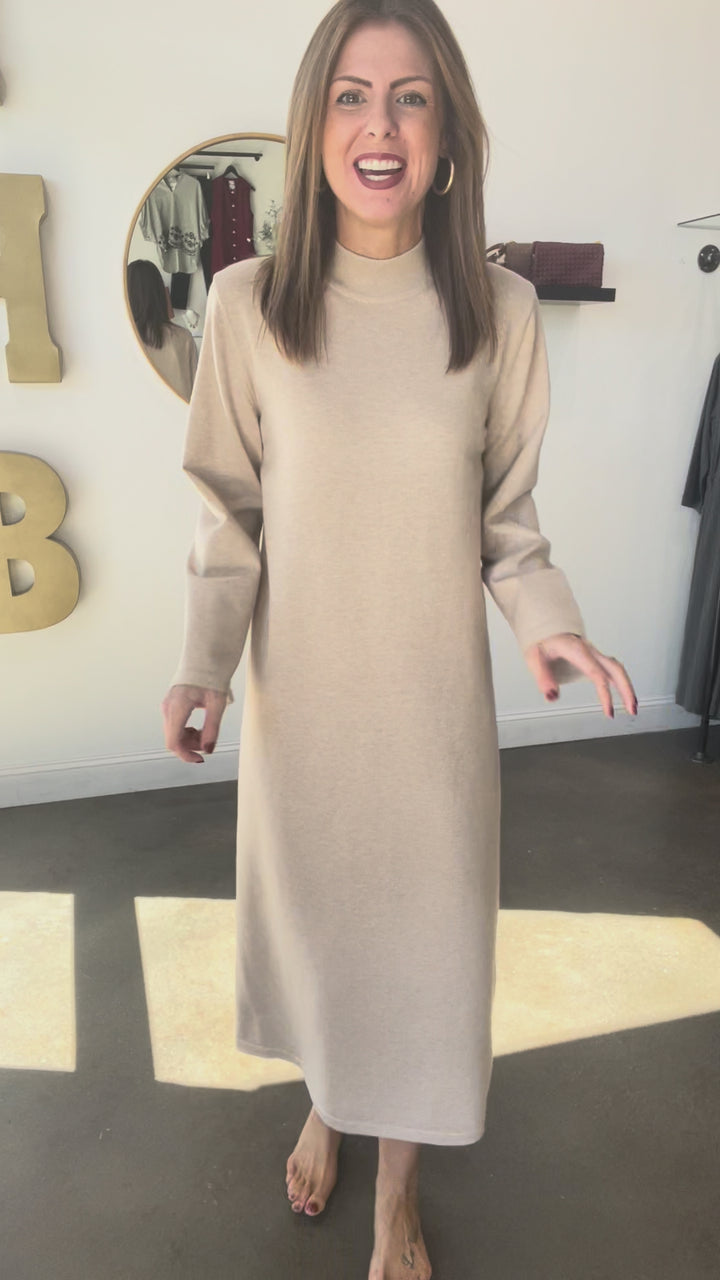 Mock Neck Knit Maxi Dress - Oatmeal
